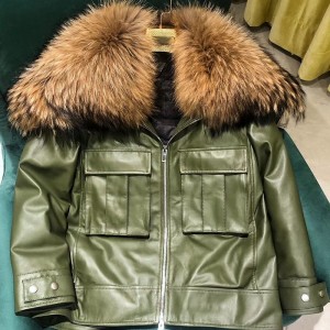 OEM Leather Bomber Jacket Manufacturer –  Fashion Design Genuine Sheepskin Leather Jacket Raccoon Fur Trim Coat Real Fur Lining  – MeWell