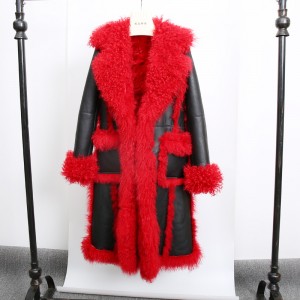SSJ1906 Women’s Coat Tuscany Sheep Fur Jacket Double Side Sheepskin Leather Pea Coats With Belt Winter Coat