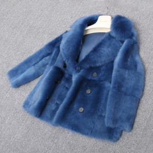 SSJ1904 Hand Stitched Pea Coat Long Double Side Sheepskin Leather Jackets With Fox Fur Collar