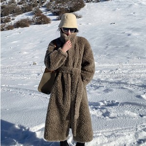 22RL015 Long Windbreaker Woman Wool Fleece Shearing Sheep Fur Blend Coat
