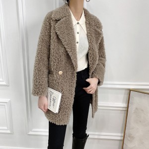 22RL019 Winter Long Overcoat Pure Woolen Luxury Sheepskin Lapel Women Coat