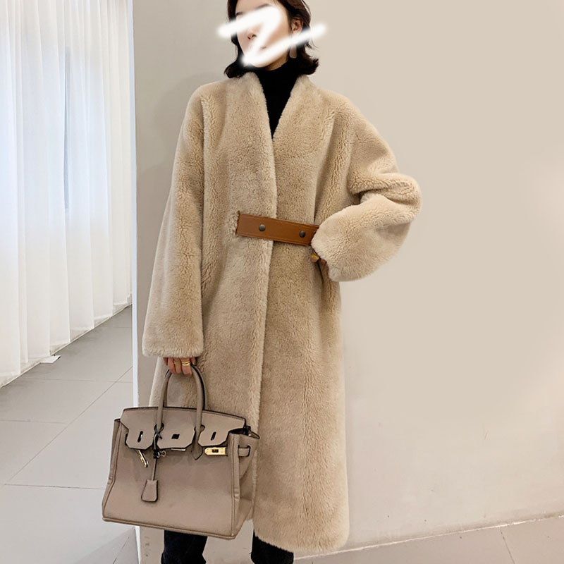 22RL016 Long Winter Coat Sheepskin Soft Hand Feeling Loose Fit Fur Coat with Leather Belt Featured Image