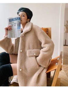 22RL003 Wool Plush Trench Coat Winter Long Overcoat Shearing Fur Coats for Ladies