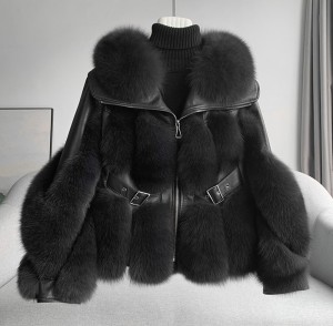 228FC025 Winter Coat Genuine Sheepskin Leather Jacket Real Fox Fur Coat