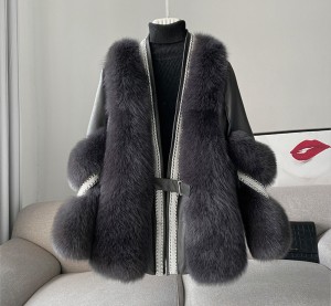 228FC026 Luxury Winter Bomber Leather Jacket Fashion Real Fox Fur Coats For Ladies