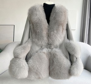 228FC020 Women Warm Fox Fur Sleeve Coat Blue Fox Natural Color Real Fox Fur Coats Leather Coat