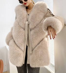 228FC009 Winter Sheepskin Leather Fur Coat Big Fox Fur Collar Bomber Jacket Fur Coat Women