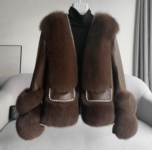 228FC019 New Arrivals Custom Winter Genuine Leather Bicycle Jacket Fluffy Fox Fur Coat Women