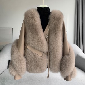 228FC024 Winter Latest Coat Genuine Sheepskin Leather Jacket Real Fox Fur Coat