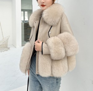 228FC009 Winter Sheepskin Leather Fur Coat Big Fox Fur Collar Bomber Jacket Fur Coat Women