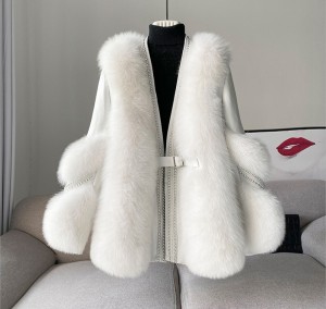 228FC026 Luxury Winter Bomber Leather Jacket Fashion Real Fox Fur Coats For Ladies