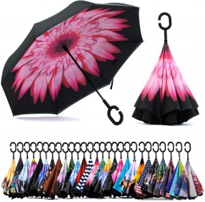 Hotsælgende nye produkter Lagertilpasset dobbeltlag indefra og ud C-form Håndtag omvendt omvendt paraply med logotryk