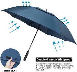 Sateenvarjojen tukkumyynti mukautettu logo Korkealaatuinen suuri kaksinkertainen katos tuuletettu tuulenpitävä automaattinen avoin suora golfsateenvarjo