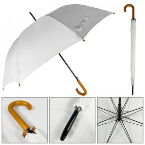 Sab saum toj Umbrella Hoobkas Lag luam wholesale J Wood Kov Ncaj Dawb Xim Umbrella Nrog Logo Sau Custom Made