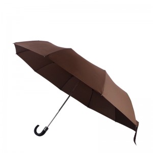 10 ribber 3 sammenleggbar paraply med håndtak i PU-skinn
