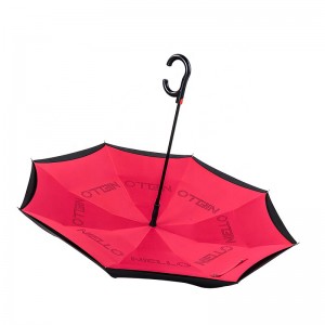 Bastyp vindtätt automatiskt reverserat paraply för bil med C-handtag dubbelt lager tyg