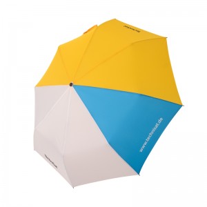 도매 흰색 노란색 파란색 3 색 접는 우산 로고가있는 휴대용 3 접는 우산 수동