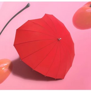 Engros unikt design magisk paraply rød hjerteform skiftende farve paraply med krog træhåndtag