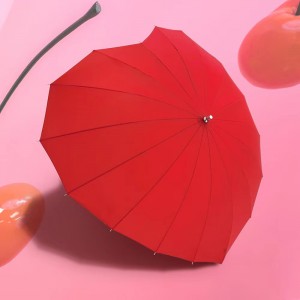 Partihandel unik design magiskt paraply rött hjärta form ändra färg paraply med krok trähandtag