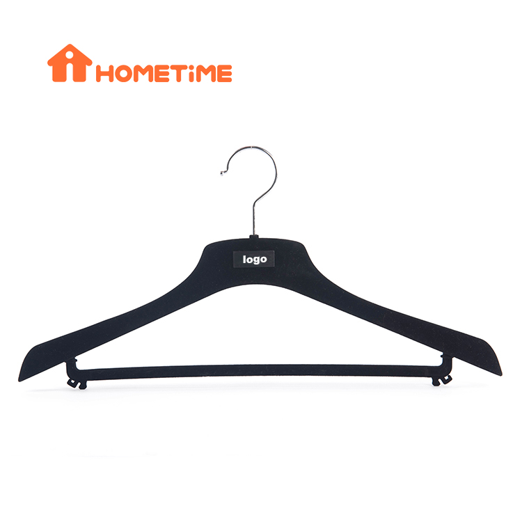 Custom Heavy Duty Black Flocking Plastic Coat Hanger with Metal Logo -  China Clothes Hanger and Velvet Coat Hanger price
