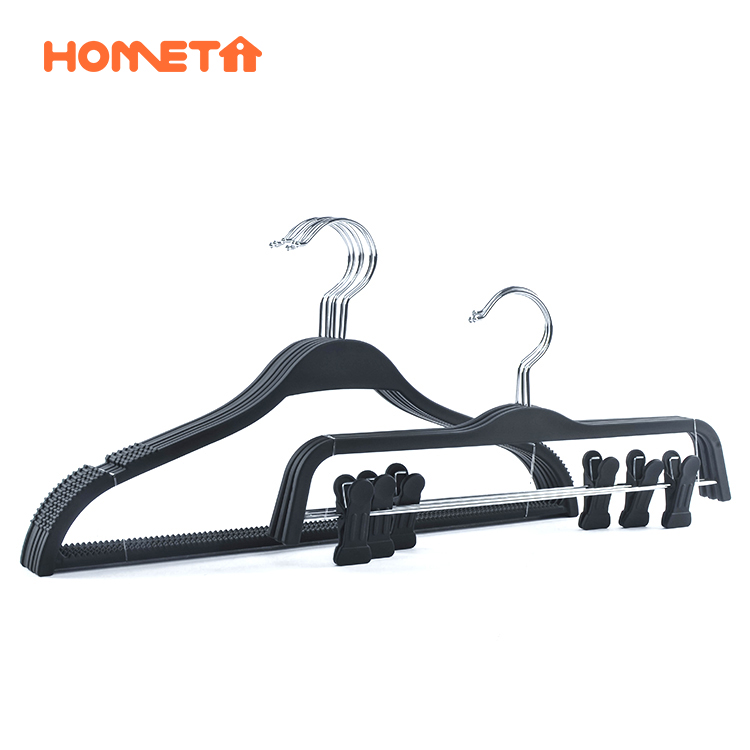 Black Plastic Clips Hanger Sets Custom Logo Non Slip Rubberized Bottom Hangers For Pants Skirts