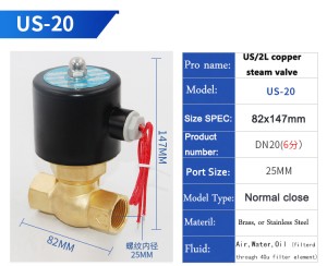 2L Series Us40 mosazný vysokoteplotní solenoidový ventil vodní páry 2cestný přímý, pneumatický solenoidový kulový ventil
