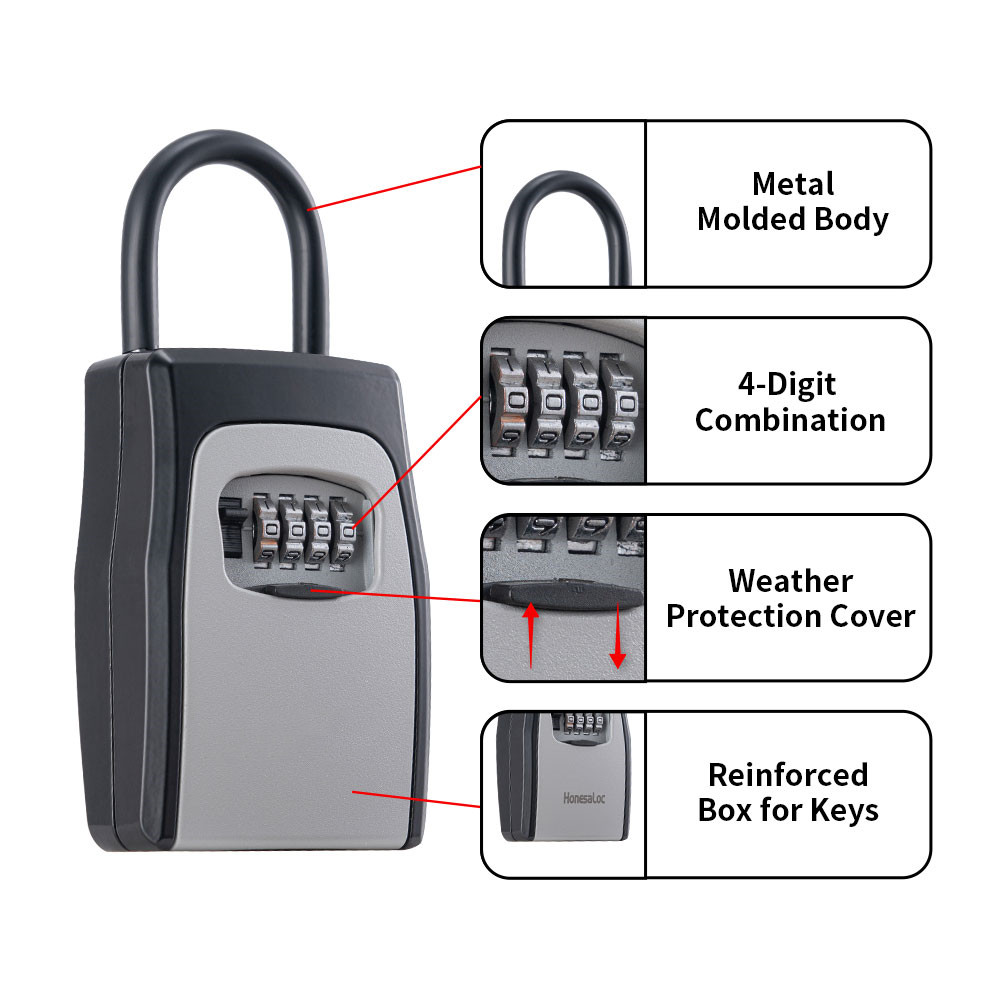 Wall Mounted 4-digit combination Key lock box, house key lock box,portable key lock box with shackle for cars and travelling use, Key Safe Security Lock Box for Outside Realtor Garage ,ZC047