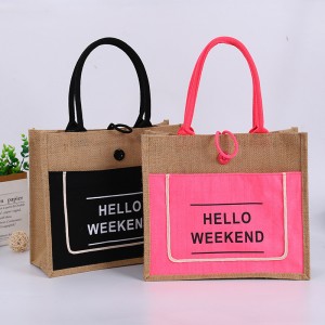 Custom Jute Tote Bag, Burlap Beach Bag with Handles, Reusable Tote Grocery Shopping Bag, Big Capacity Waterproof Lining, Retro Flax Shoulder Bag with Canvas Pocket Bag(Black, L)