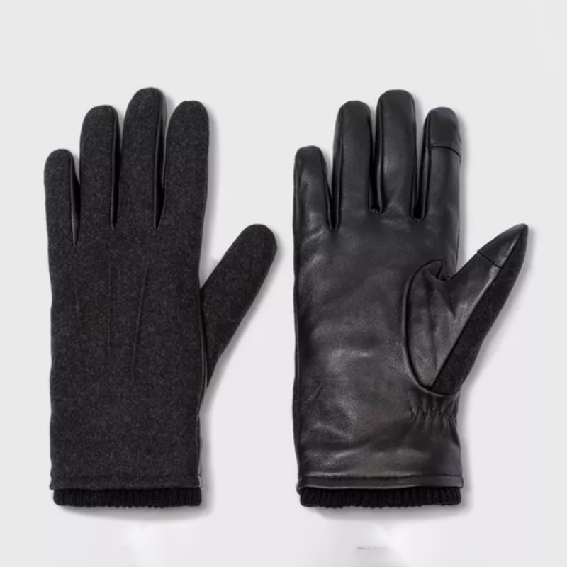 Knitted rib cuff touch leather gloves