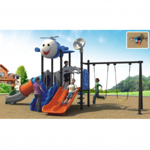 लोकप्रिय मनोरंजन पार्क किंडरगार्टन प्लास्टिक आउटडोर स्लाइड स्पेसशिप आकार स्लाइड और स्विंग सेट बच्चों के लिए अनुकूलित
