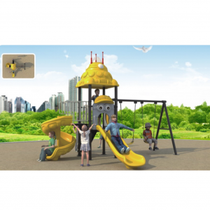 Popular Amusement Park Kindergarten Plastik Outdoor Slide Spaceship Shape Slide lan Swing Set Customized kanggo Kids