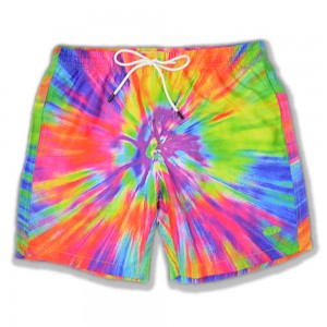 Low MOQ Custom Logo Men’s Swim Shorts Waterproof Polyester Tie-dye Print With Pocket Men Summer Beachwear Wholesale Trunks