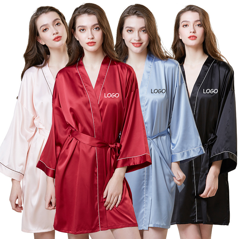 OEM LOGO High Quality 9 Solid Colors Womens Silk Satin Pajamas Sleepwear  V Neck Long Sleeve PJ Nightgown Nightwear