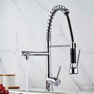 Hemoon Luxury Spring Double Outlet Modern Flexible Brass Deck Mounted Faucet With Pull Down sprayer For Kitchen