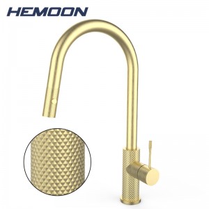 Hemoon Knurled Luxury Brass Single Handle  Pull Down Sprayer Kitchen Faucet With Modern Brushed Gold