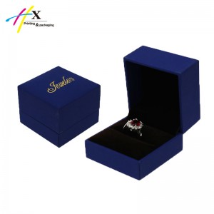 Small blue ring box with gold logo