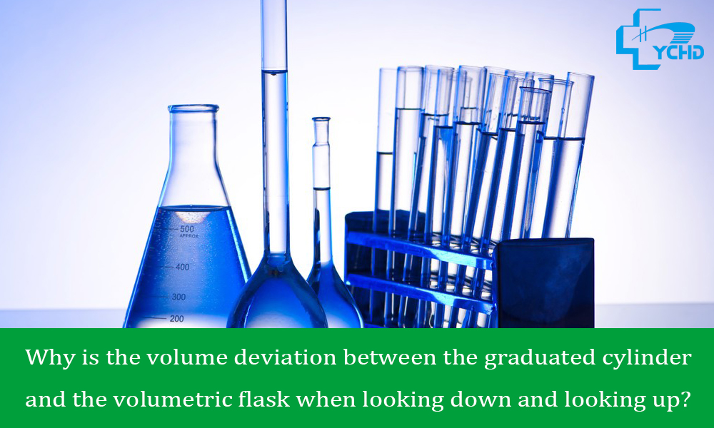 Why is the volume deviation between the graduated cylinder and the volumetric flask when looking down and looking up?