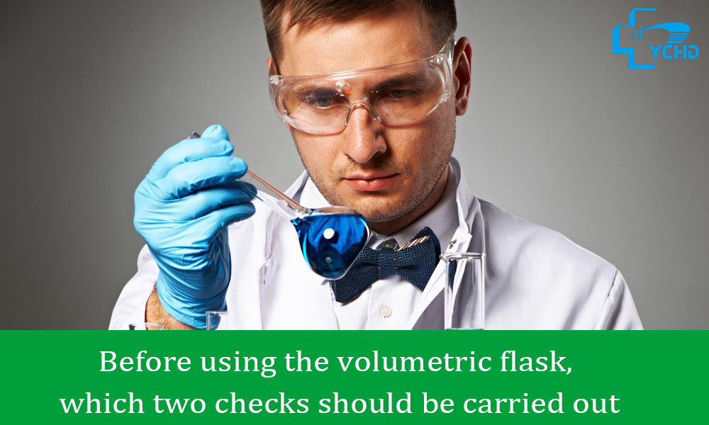 Before using the volumetric flask, which two checks should be carried out