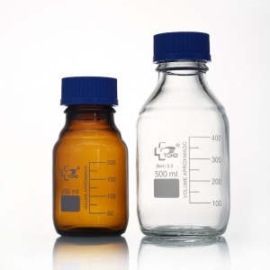 Frasco de vidro redondo do reagente de armazenamento de meios de laboratório com tampa de rosca azul