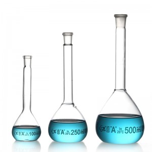 High Quality China Clear and Amber Grade a volumetric flask capacity 2000 ml with Ground-in Glass Stopper or Plastic Stopper