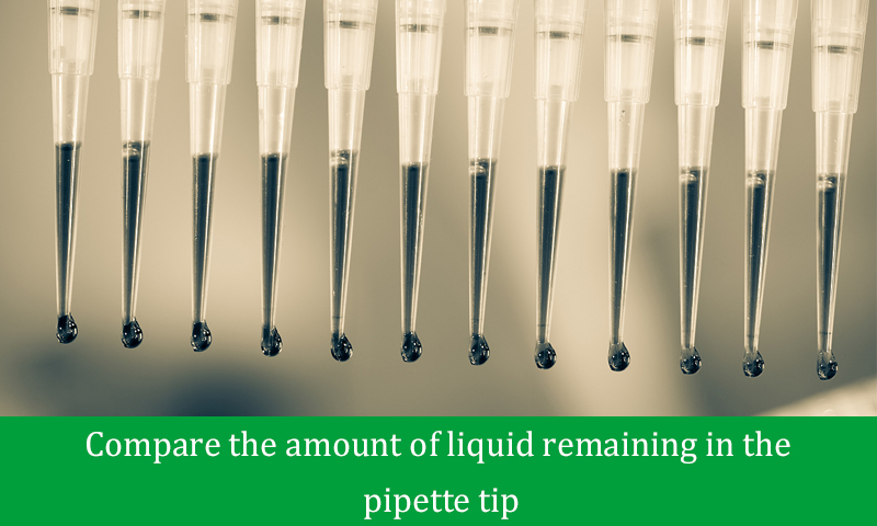Compare the amount of liquid remaining in the pipette tip