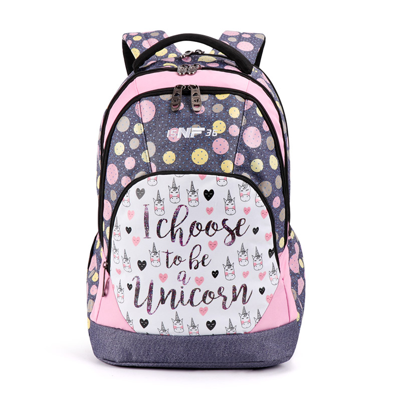 Shcool book bag for teen-aged girls beautiful pink grey printing denim fabric student backpack for primary  senior school students