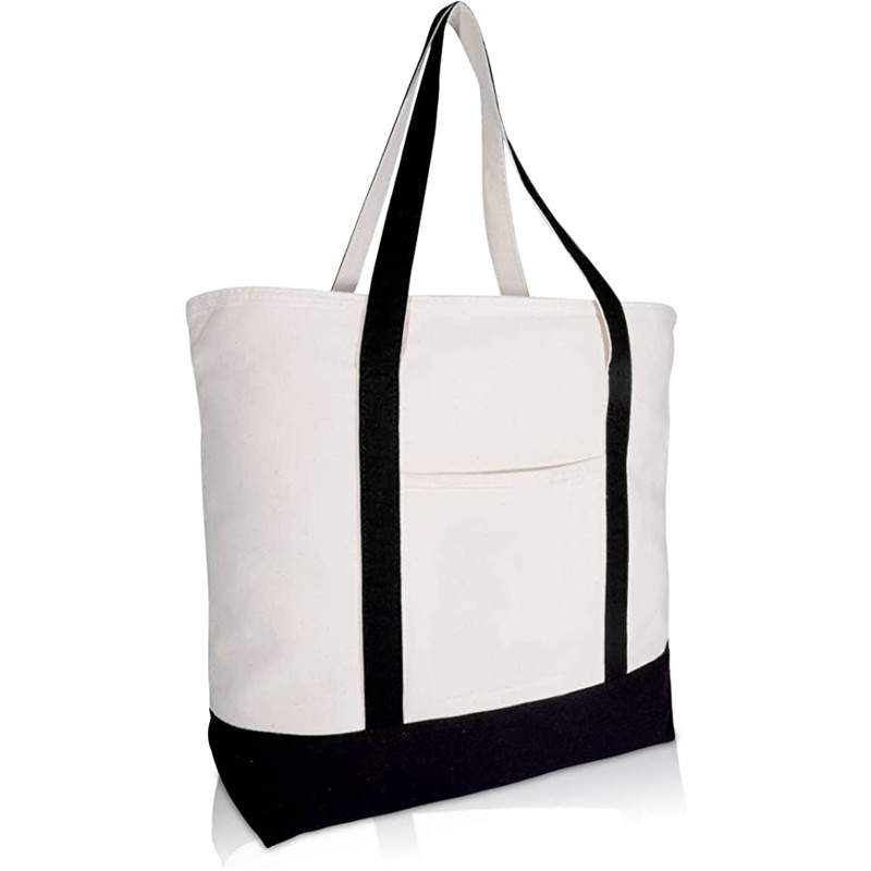 Stylish Canvas Tote Bag with an External Pocket, Top Zipper Closure, Daily Essentials (Black/Natural)