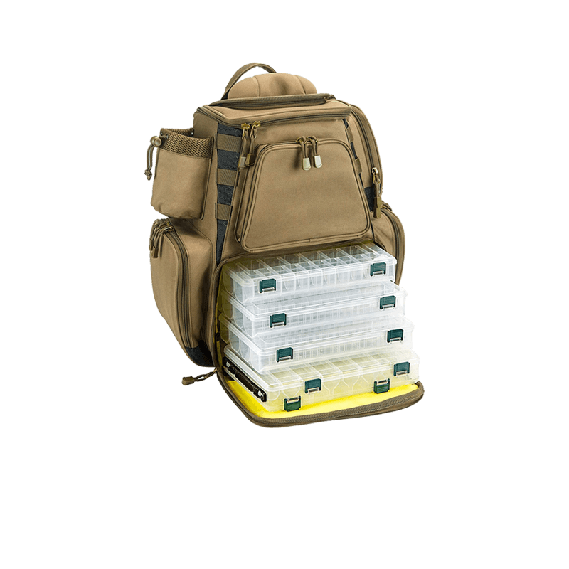 Fishing Tackle Backpack with 4 Trays Large Waterproof Tackle Bag Storage with Protective Rain Cover and 4 Tackle Box(Khaki, Black and Camouflage)
