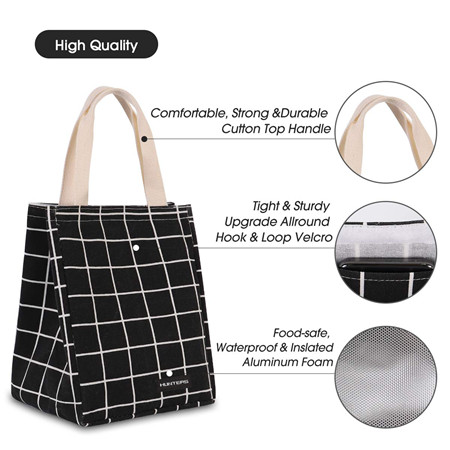 HOMESPON Reusable Lunch Bag Insulated Lunch Box Cute Canvas Fabric with Aluminum Foil Printed Lunch Tote Handbag Fordable for Women,Men,School Checkered Pattern-Black Office