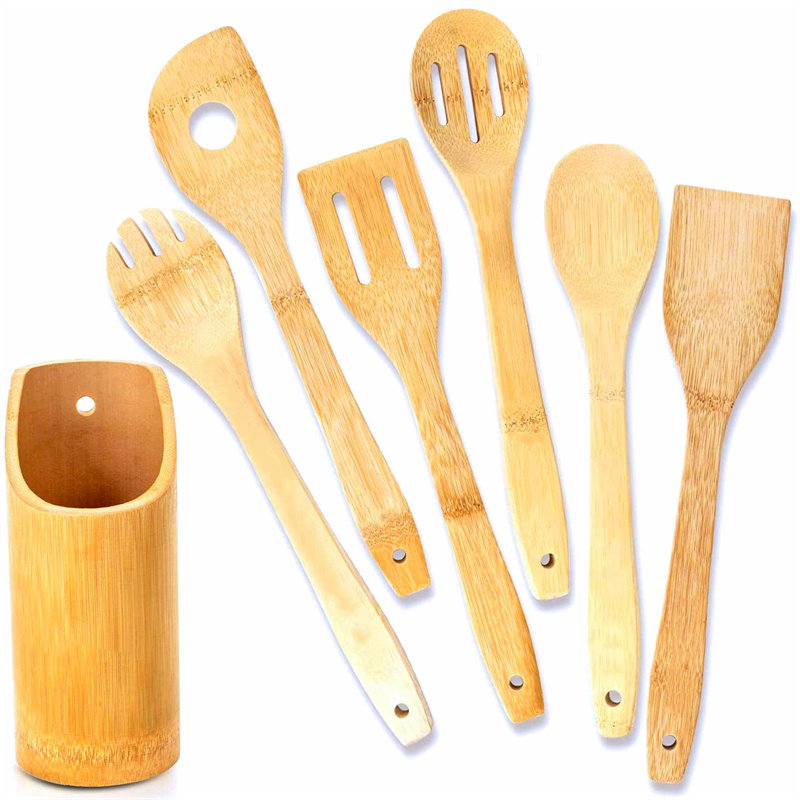 6pcs Bamboo Wood Kitchen Cooking Utensil Set with Holder Featured Image