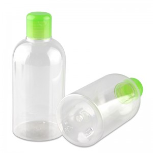 Klar plastik, tomme klemmeflasker med grønt disk-toplåg