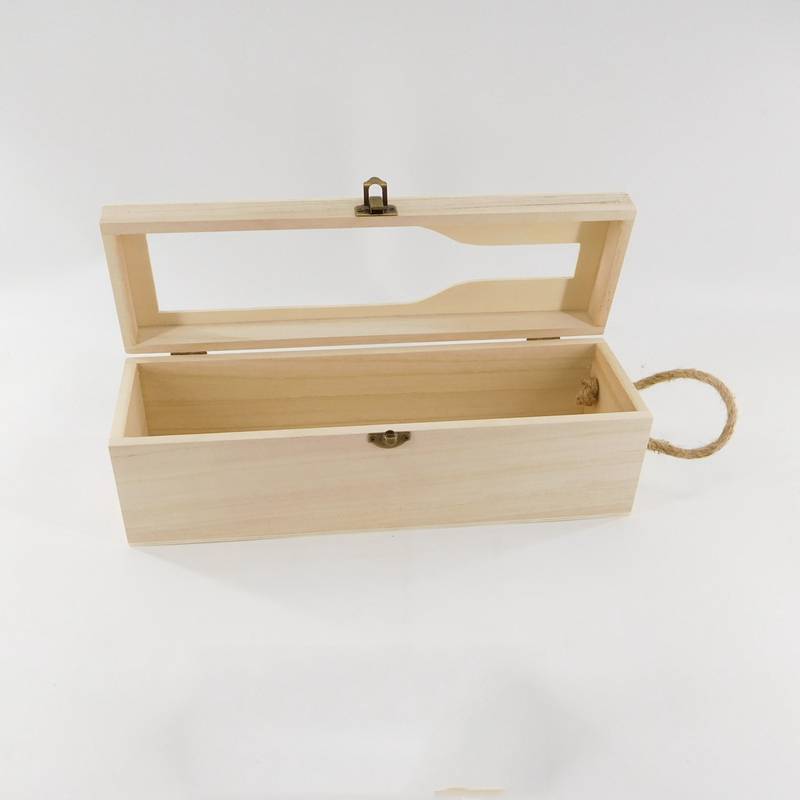 Custom Cheap Natural Unfinished Single Bottle Wood Wine Box with Jute Handle