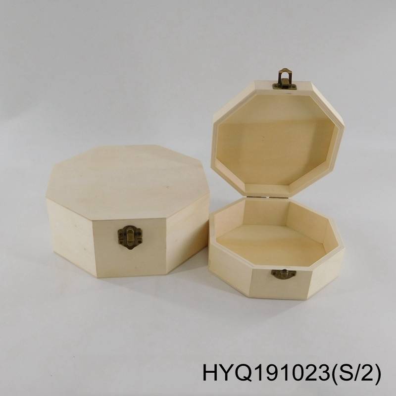 cheap natural unfinished octagon shape wooden packaging box with hinged lid wholesale
