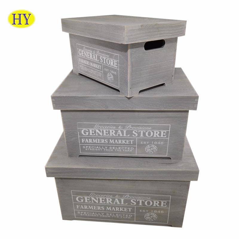 Wholesale  Custom Gray Painted Wooden Box with Lid and  Handle